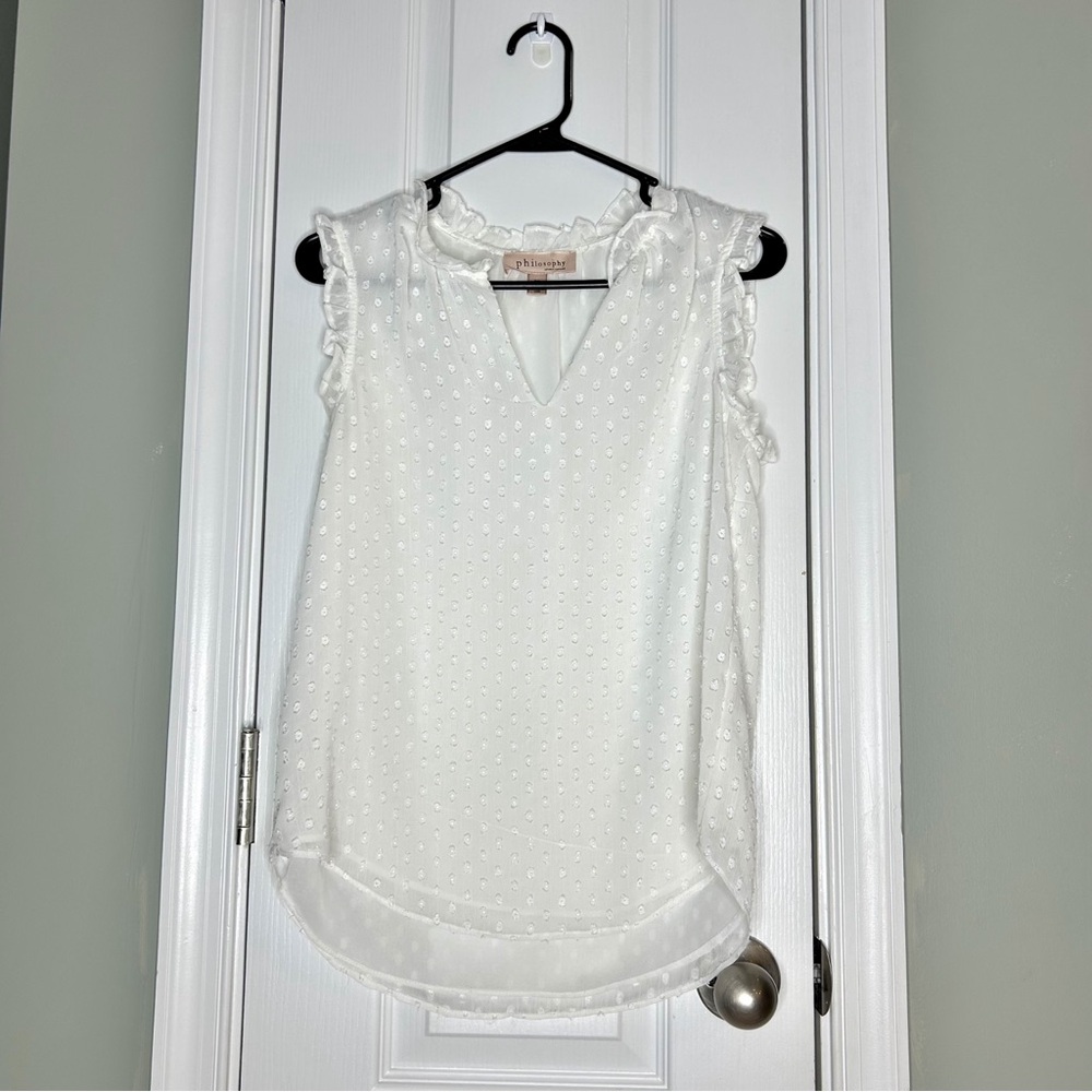 Philosophy White Sleeveless Ruffle V-Neck Dot Layering Blouse